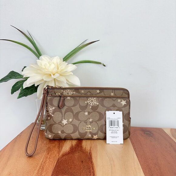 NWT Coach Double Zip Wallet In Signature Canvas With Star And Snowflake Print - Picture 3 of 11